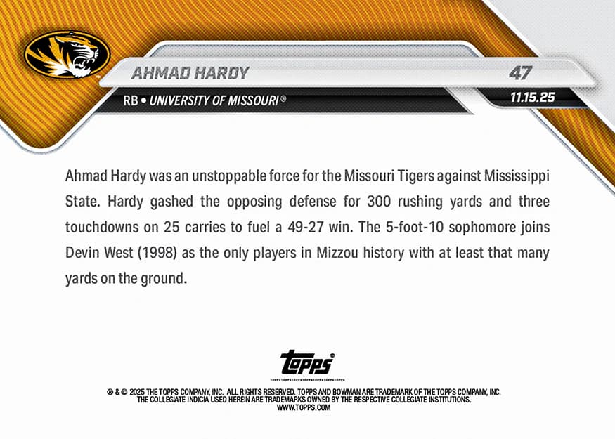 Ahmad Hardy - 2025-26 Bowman U Now Football - Card 47 - back