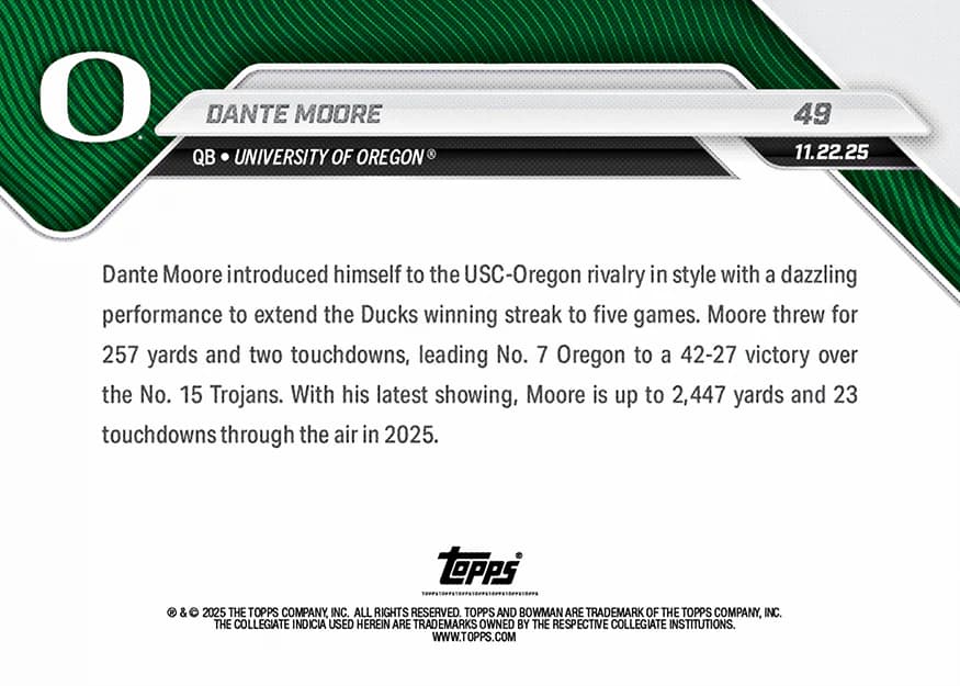 Dante Moore - 2025-26 Bowman U Now Football - Card 49 - back