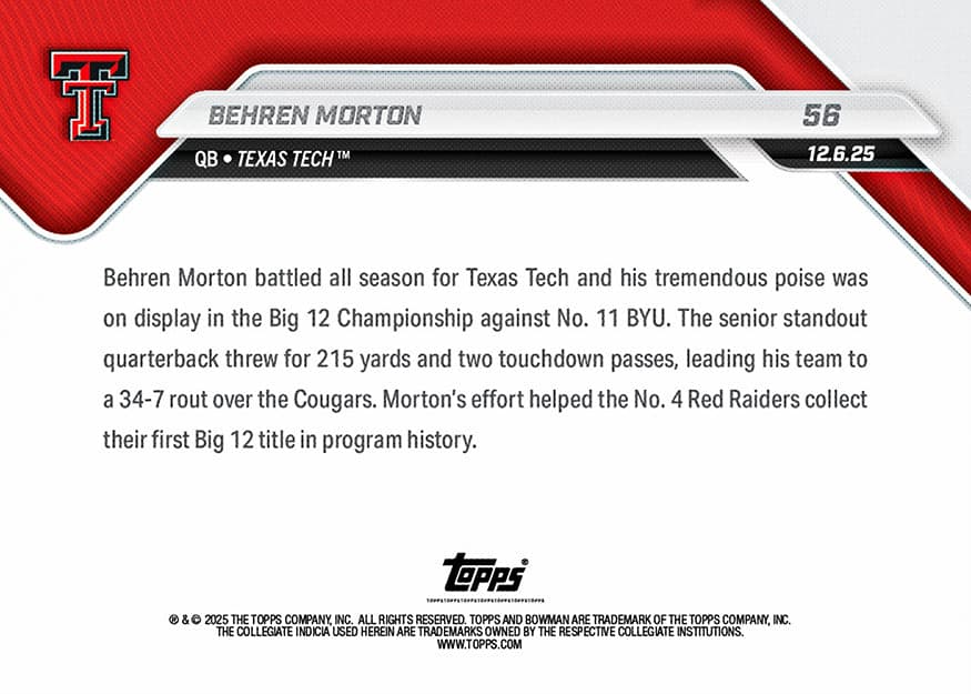 Behren Morton - 2025-26 Bowman U Now Football - Card 56 - back
