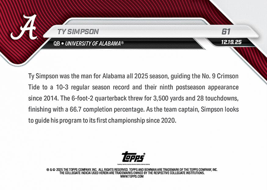 Ty Simpson - 2025-26 Bowman U Now Football - Card 61 - back
