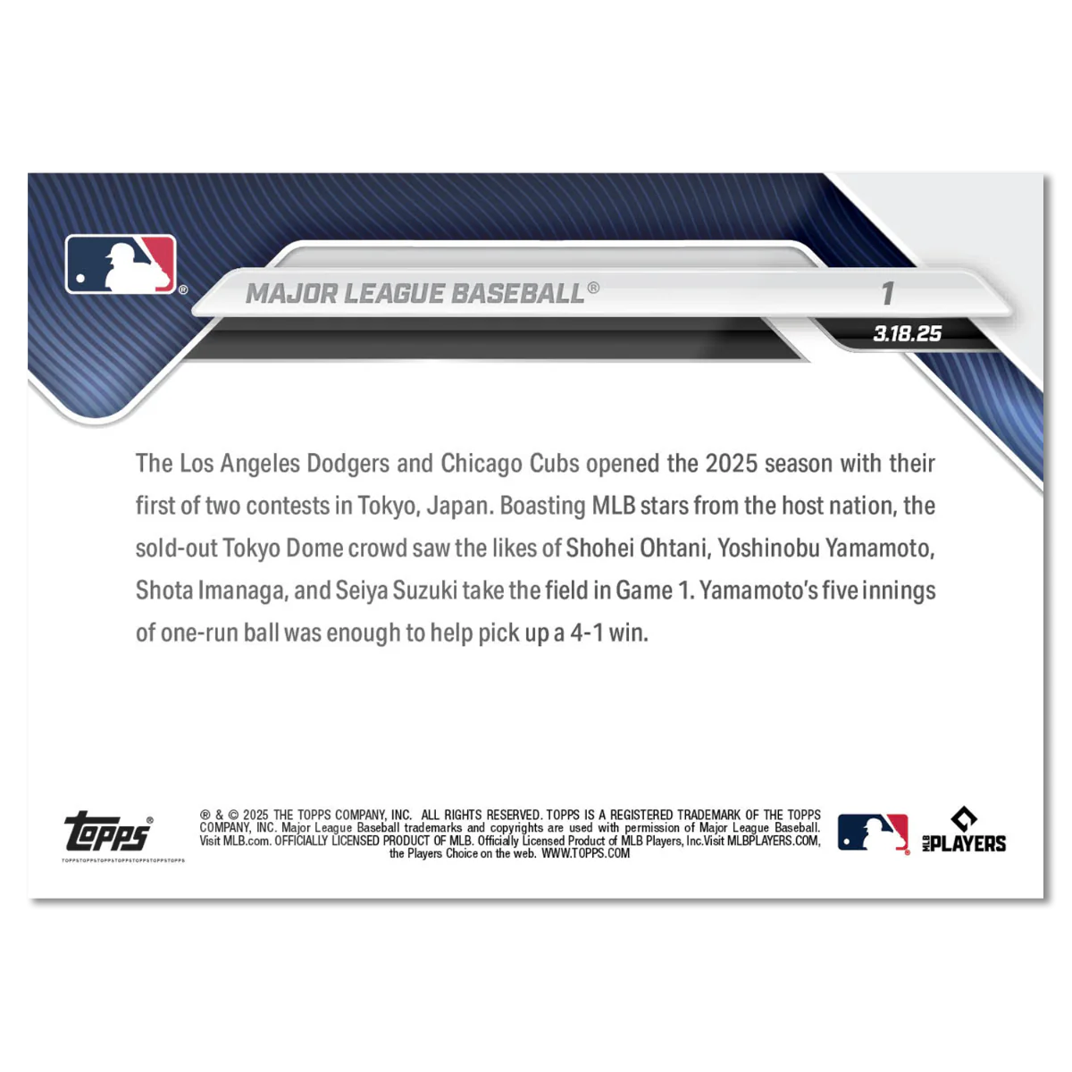 Major League Baseball - 2025 MLB Topps Now - Card 1 - back