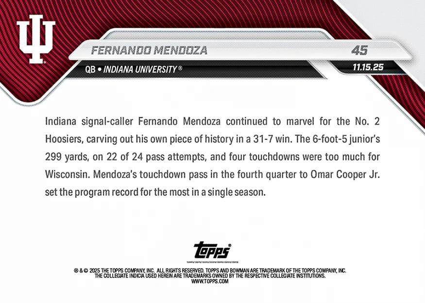 Fernando Mendoza - 2025-26 Bowman U Now Football - Card 45 - back