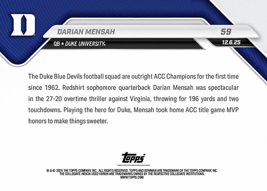 Darian Mensah - 2025-26 Bowman U Now Football - Card 59 - back