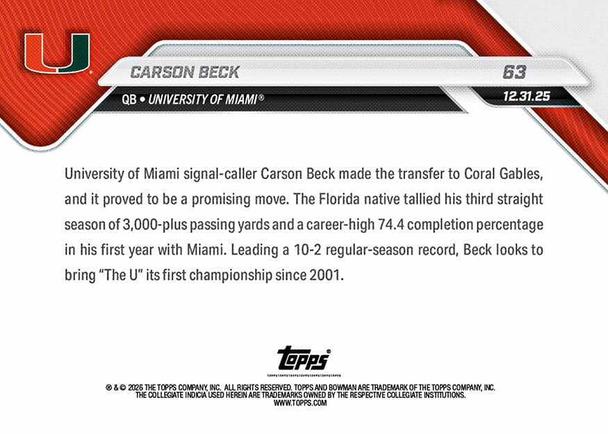 Carson Beck - 2025-26 Bowman U Now Football - Card 63 - back